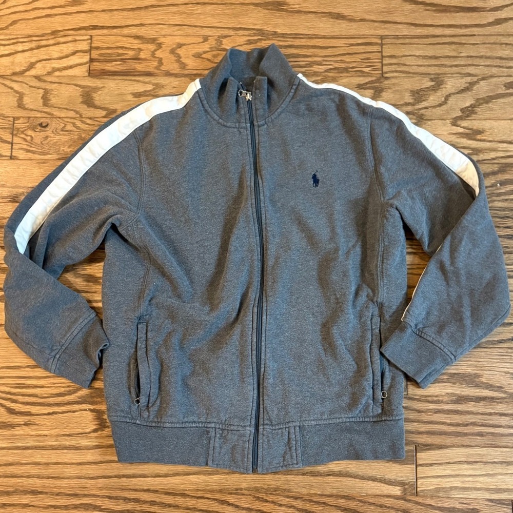 Vintage Polo Ralph‎ Lauren Mens Gray Track Jacket White Stripe Full Zip L 90s